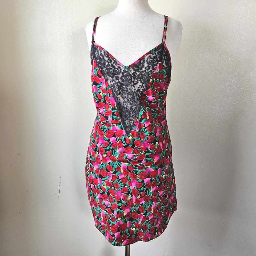 Vtg 90s Victoria's Secret Gold Label Red‎ Floral Slip Nightie Lace Low Back M